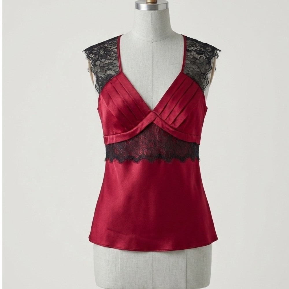 Vintage Y2K Bisou Bisou Red Satin Lace‎ Trim Camisole Top V-Neck Whimsigoth